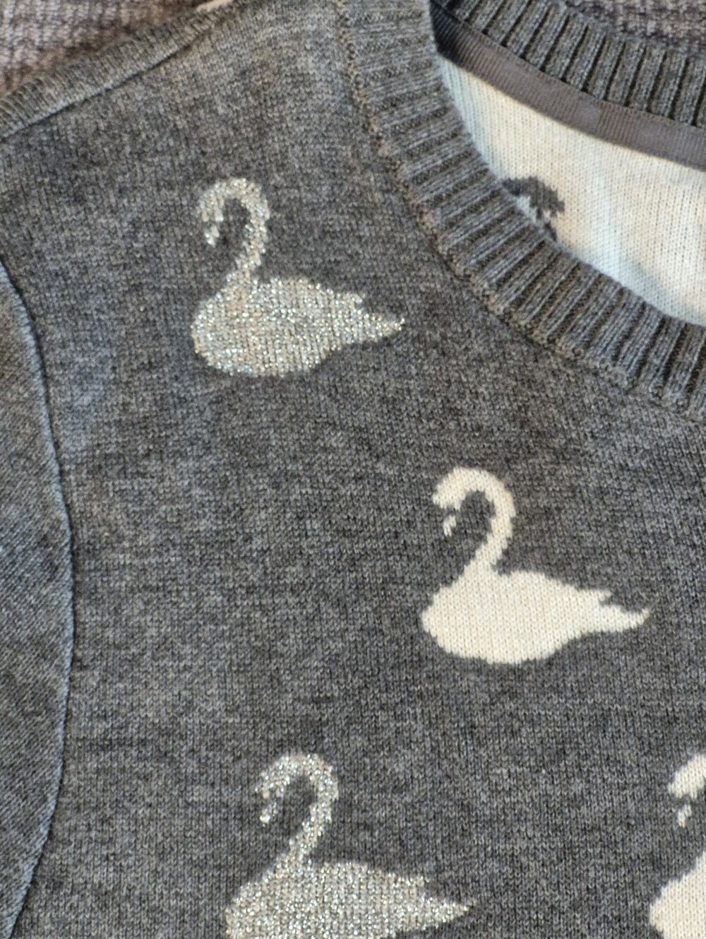 Metallic Gray & White Swan Crew Neck Sweater XXL Charter Club Whimsy Fairytail, - Picture 3 of 8